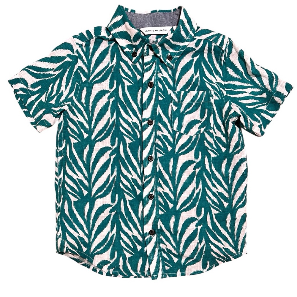 Janie and Jack Teal Leaf Print Cotton Button Down Short Sleeve Shirt